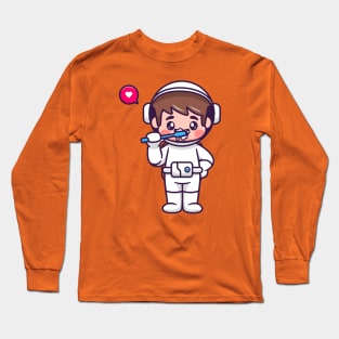 Cute Boy Astronaut Brush Teeth Cartoon Long Sleeve T-Shirt